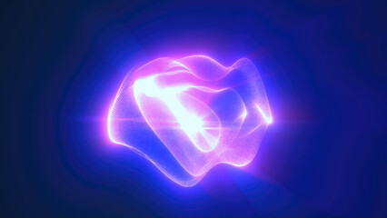 Glowing purple particles creating a floating sphere shape with intense light at its core, set against a deep violet background