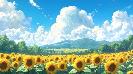 Obraz premium A field of vibrant sunflowers standing tall under a bright blue sky, illustrating beauty, nature, and the joy of summer