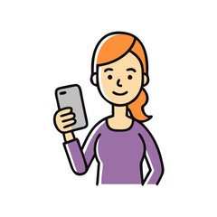 Woman holding a smartphone and smiling in a colorful illustration, technology and social media concept