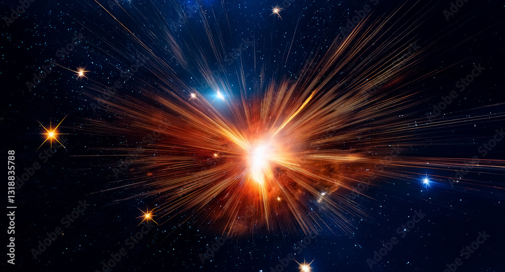 Aufkleber brilliant light explodes in the dark cosmos, casting vibrant orange and red rays outward. stars twin
