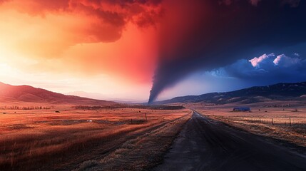 Fototapeta premium Fiery Red And Blue Sunset Tornado Over Rural Landscape