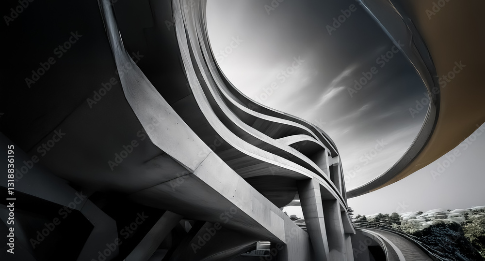 Aufkleber A low angle view showcases a modern architectural structure with curved lines reaching towards the sky, rendered in grayscale with strong contrast between light and shadow.