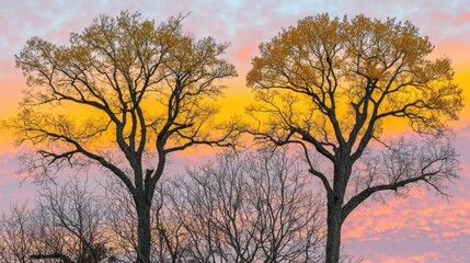 Fototapeta premium Sunset silhouette of leafy trees nature landscape autumn evening tranquil environment vibrant colors