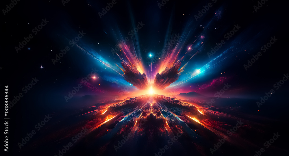Poster radiant light explodes in dark space, illuminating colorful nebula clouds and distant stars. a cosmi