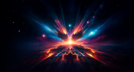 Obraz premium Radiant light explodes in dark space, illuminating colorful nebula clouds and distant stars. A cosmic burst of energy and vibrant colors.