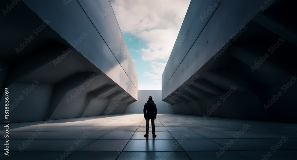 Fototapete Lone figure stands in concrete structures, gazing at open sky. Modern architecture conveys vastness, isolation. Minimalist scene. Perspective directs to sky.
