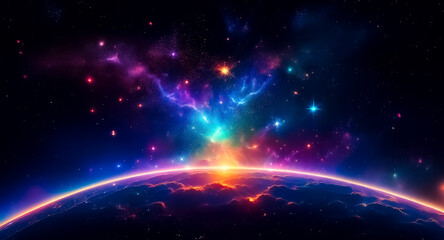 Obraz premium A vibrant nebula and stars burst in a dark space sky above a planet's glowing horizon. Colorful cosmic scene with bright lights and deep shadows.