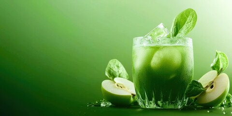 A green drink with ice and a slice of apple on the side