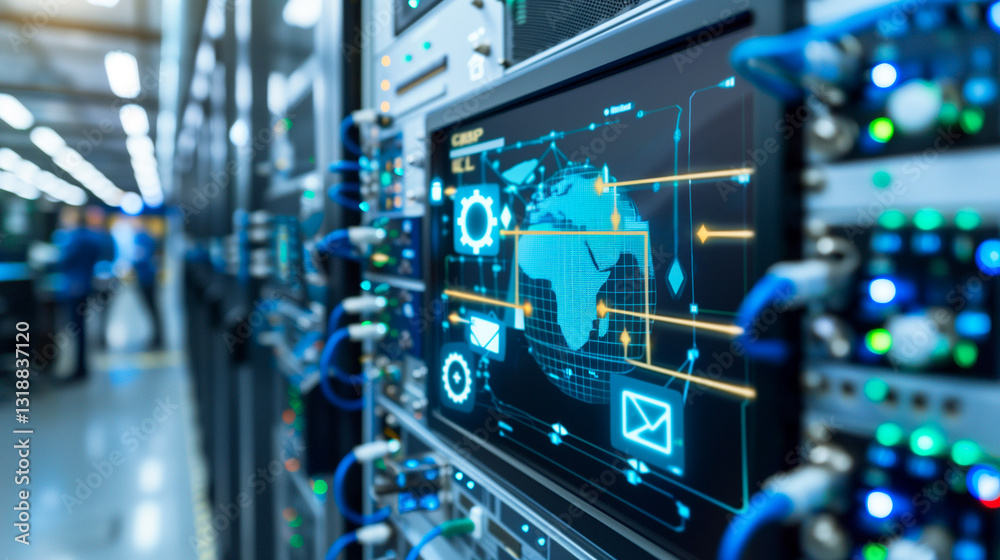 Poster digital command center: a detailed view of a server room's intricate workings, with a screen display