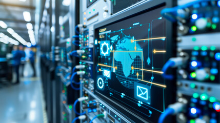 Digital Command Center: A detailed view of a server room's intricate workings, with a screen displaying global data streams and interconnected technological elements.