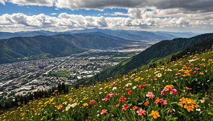 Le paysage montagneux avec des fleurs color&eacute;es et une ville en contrebas