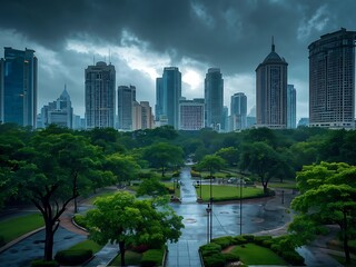 Fototapeta premium Urban Oasis: Green Park Beneath a Grey Sky