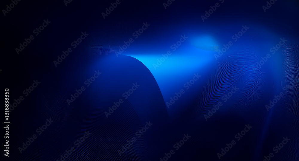 Poster Abstract blue light curves gently against a deep dark backdrop, creating a soft, luminous effect. The shape appears fluid and flowing, illuminating the surrounding darkness with a vibrant glow.