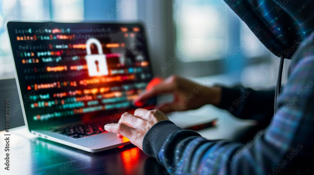 Poster cyber intrusion: a hooded figure intently focused on a laptop screen displaying lines of computer co