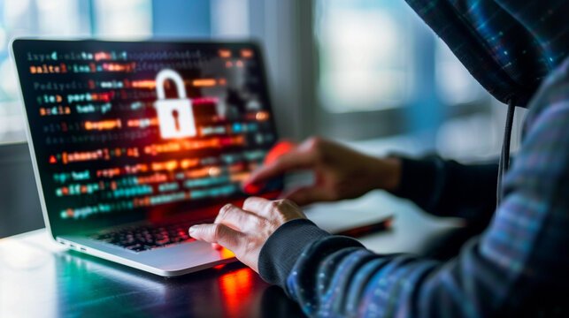 Cyber Intrusion: A hooded figure intently focused on a laptop screen displaying lines of computer code and a prominent padlock icon, creating a sense of digital threat.