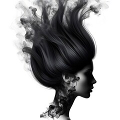 Fototapeta premium A black female hair transforming into smoke isolated on white background