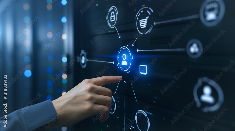 Poster digital connectivity: a close-up view of a hand interacting with illuminated digital icons represent