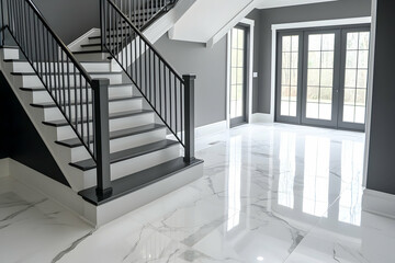 Elegant dark gray entry hall with marble floors and metal handrail.