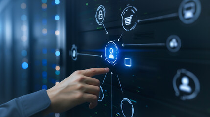 Digital Connectivity: A close-up view of a hand interacting with illuminated digital icons representing various technological aspects, set against the backdrop of a server room.