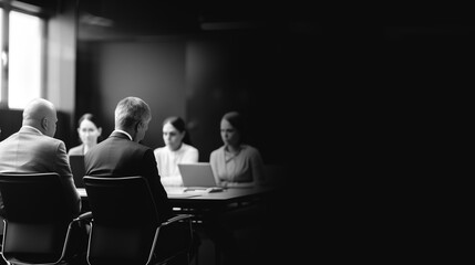 Fototapeta premium Discussion in Conference Room: A black and white image of a team sitting around a conference table, engaged in a business meeting, focused on discussion.