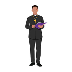 Priest dressed in traditional black clerical attire, holding a book and wearing a cross necklace. Flat vector illustration isolated on white background