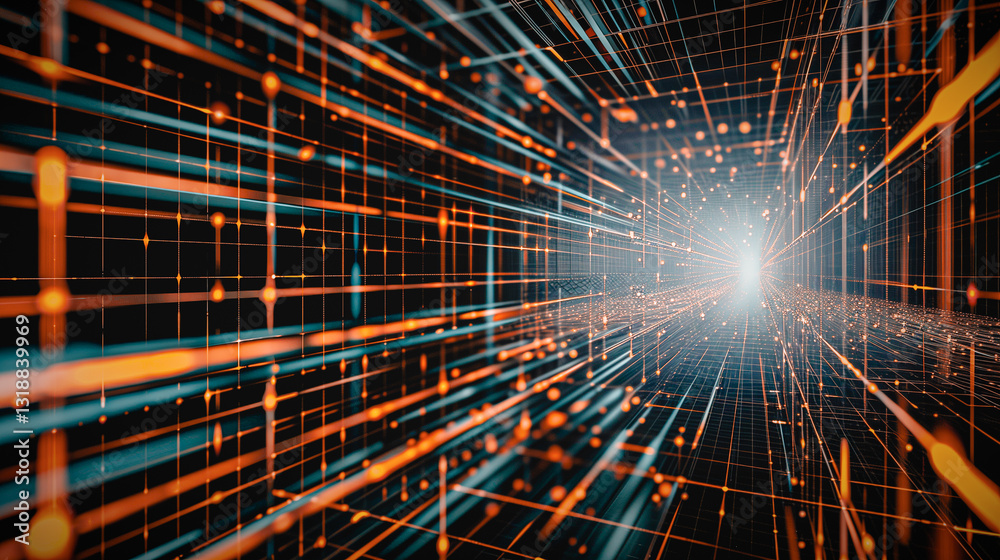 Poster digital network tunnel: abstract representation of a digital network tunnel with interconnected line