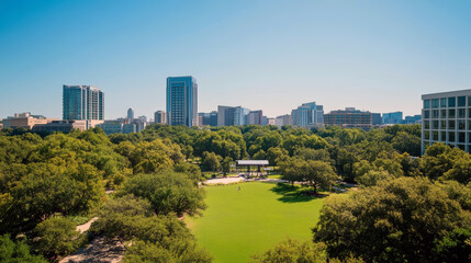 Fototapeta premium Downtown cityscape skyline with park and greenery under clear blue sky