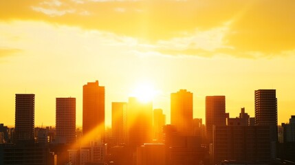 Fototapeta premium Golden Sunset Over Modern Cityscape, A Moment of Urban Tranquility 