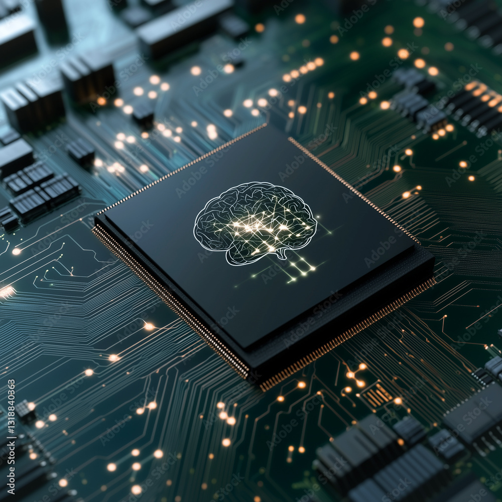 Poster brain-cpu integration: a high-tech macro shot showcases a cpu, adorned with a brain design. this evo