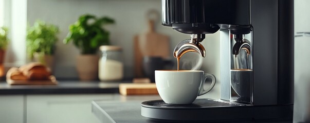 A modern coffee machine brewing fresh hot espresso into a white cup