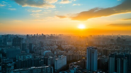 Golden Sunset Over Modern Cityscape, A Moment of Urban Tranquility
