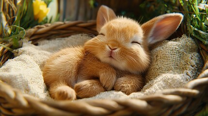 Adorable Sleeping Bunny Rabbit in Wicker Basket Easter Pet Animal
