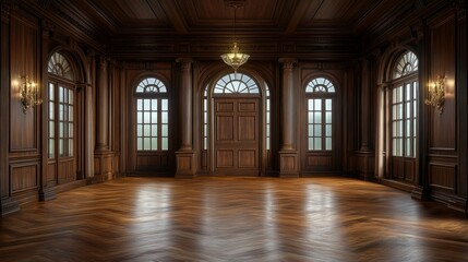 Grand wooden room interior, arched windows, herringbone floor