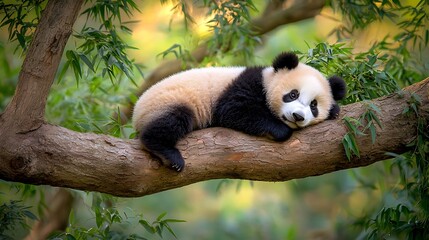 Obraz premium Adorable Panda Cub Resting on Tree Branch in Bamboo Forest