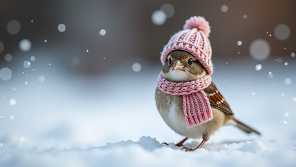 small sparrow wears winter hat scarf outside cold weather
