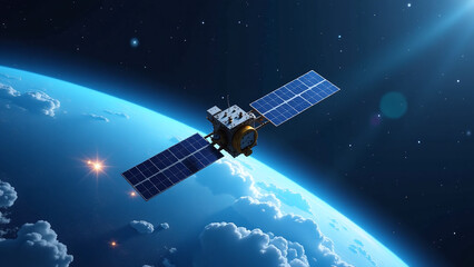 small satellite station floats space powered solar panels blue orb home known life