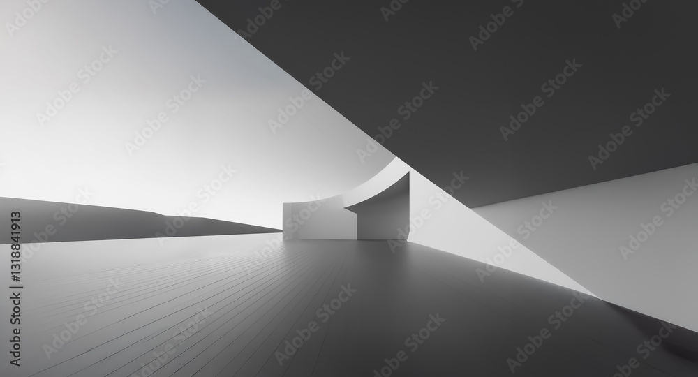 Fototapete Abstract architectural scene in monochrome, showcasing smooth curved shapes and sharp geometric lines.  A minimalist design with a sense of depth, perspective and empty space.
