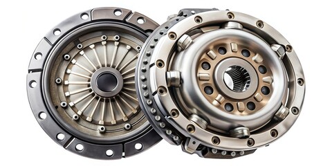 High-Contrast Flat Lay of Automotive Clutch Mechanism, Over-Shoulder View, White Background