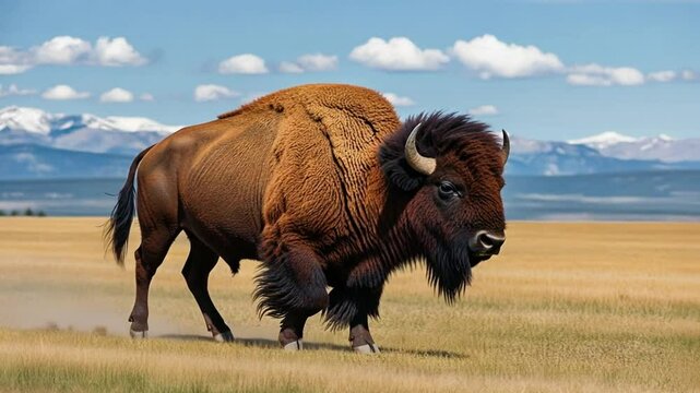 A huge bison stands tall in the grass under the blue sky.