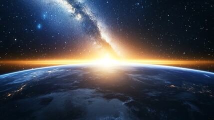 Fototapeta premium Milky Way rising above Earth's horizon, astronaut gear in foreground, showcasing cosmic wonder. 