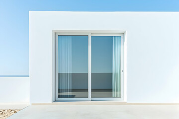 Sliding Glass Doors with White Wall, Daylight, Slightly Elevated Perspective.