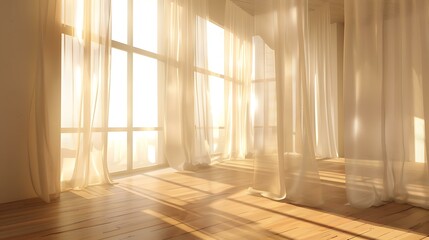 Obraz premium Soft sunlight streaming through sheer curtains, minimalistic home aesthetic