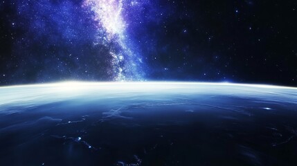 Fototapeta premium Milky Way rising above Earth's horizon, astronaut gear in foreground, showcasing cosmic wonder. 