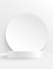 Podium and round form on white background. Trendy modern monohrome background, mock up scene for product display.