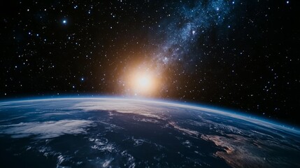 Milky Way rising above Earth's horizon, astronaut gear in foreground, showcasing cosmic wonder.
