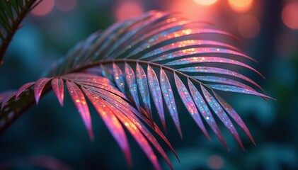 Vibrant iridescent palm leaves in rainbow hues against blurry background, background, colorful, texture