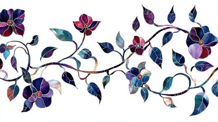 Stylized flowering vines with stained glass watercolor effect, intricate floral tendrils, rich jewel tones, plain white background.