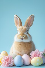 Cute easter bunny sitting beside pastel colored Easter eggs and flowers. Blue solid colored background, Big editable space