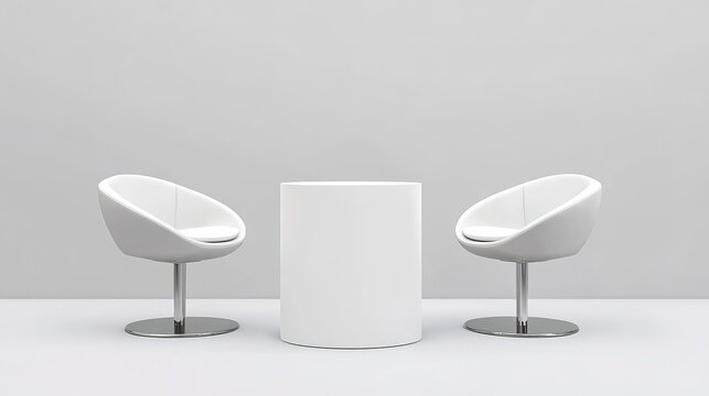 set of realistic trade exhibition chair and table or white blank exhibition kiosk or stand booth corporate commercial. 3D Render