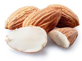 Almond nuts and split almonds isolated on white background. File contains clipping path.